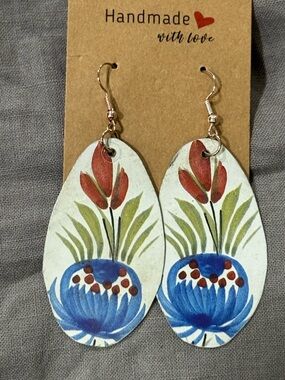 Handmade Floral Drop Earrings in Blue, Red & Green